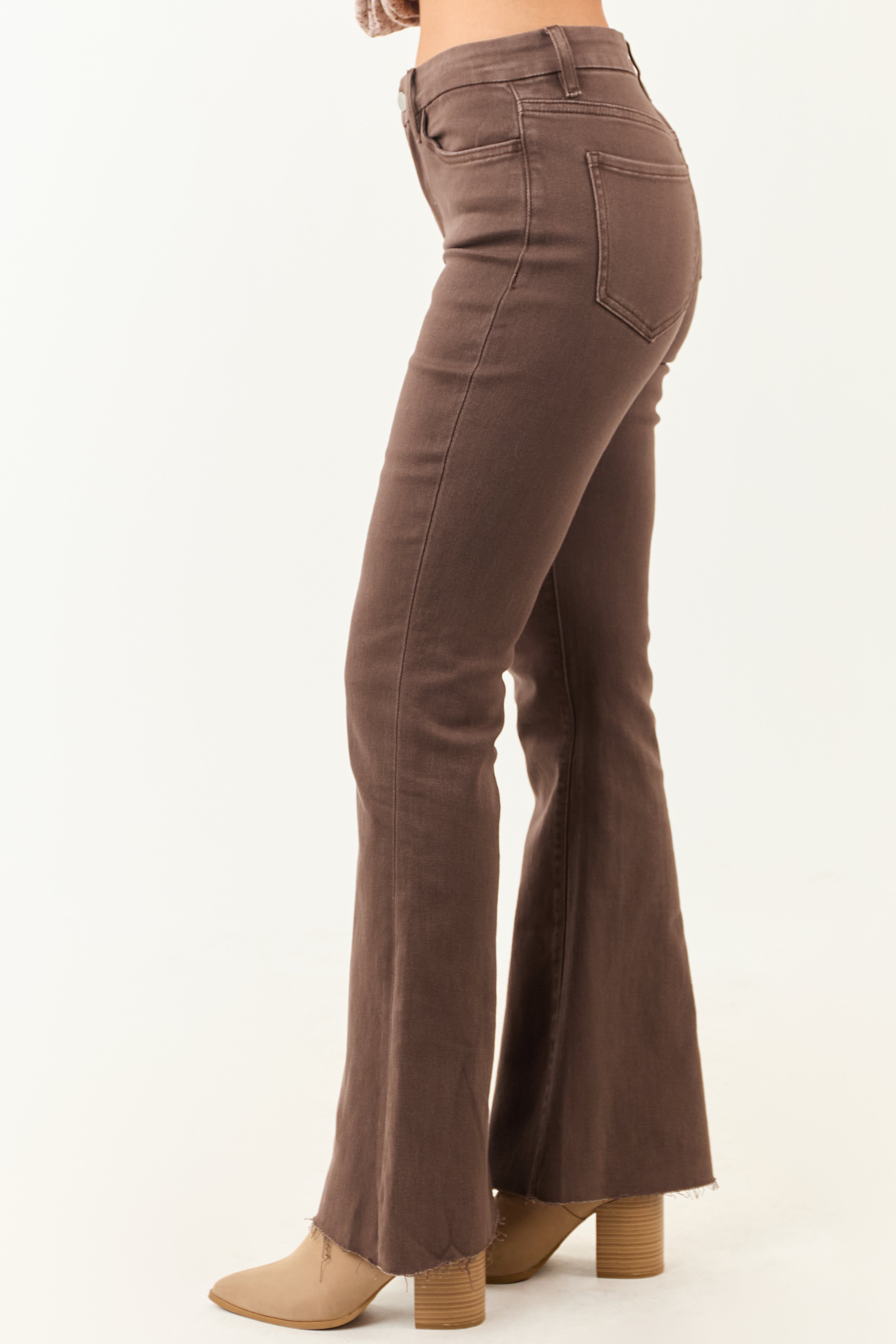 Walnut High Rise Raw Hem Stretchy Flare Jeans
