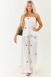 White Polka Dot Strapless Top and Wide Leg Pants Set